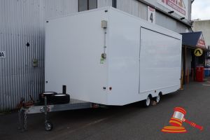 3 · 2019 Carbine Events Food Van Trailer White, Tandem Reg #: 1TUD031, Expiry: 31/10/2026 VIN: 6T9T27WA1H0EX8009 Approx 5.46 x 2.47 x H2.36M (Interior Height 2.16M) Features: 2 x Spare Tyres, Fold Out Sides, with Support Poles & LED Strip Lighting, 2 x Sets External Aluminium, Rear Step, Interior Lighting, Storage Cabinets, Flooring, Power Outlets, Sink, Fridge, Microwave, Fire Extinguisher, 4 x Stabiliser (WP#4954) Condition: **Rust to Trailer Hitch, Rust Around Rivet Joints, Some Scratches on Inte
