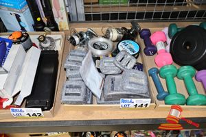 141 · TRAY OF ASSORTED FISHING TACKLE INCLUDING LINE, LURES, HOOKS, REELS, AND APPROX 12 DIVING WEIGHTS