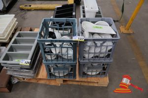 127 · ASSORTED CERAMIC PLATES, DIPPING BOWLS, SERVING TRAYS OF VARIOUS SIZES AND SHAPES, POSS UNUSED, IN 4 MILK CRATES