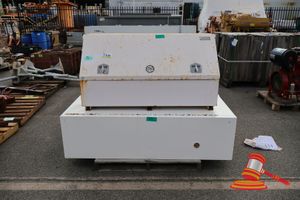 1 X Blue Diamond White Tray Back Toolbox, Approx 1510mm X 600mm X H800mm. Some Corrosion (P24), 1 X Metal Dg Storage Cabinet, White, Maximum Capacity 250 Litres, Rust On The Hinges, Approx 1110mm X 500mm X H1860mm . Poor/Fair Condition. (P26)