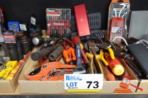 73 · TRAY OF ASSORTED HAND TOOLS, INCLUDES: TROJAN PRECISION SCREWDRIVER SET, CRESCENT PIPE WRENCH, ECLIPSE PLIERS, ASSORTED PLIERS, WRENCHES, HAMMERS, SCREWDRIVERS, BIT SETS (SOME USED)