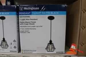 Westinghouse Mini Pendant Light, Matte Black Finish With Cage Shade, Adjustable Cord Length Up To 50", Height: 60.51", Diamter: 7.48", Code: 6105335