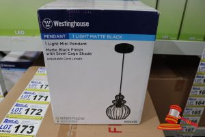186 · WESTINGHOUSE MINI PENDANT LIGHT, MATTE BLACK FINISH WITH STEEL CAGE SHADE, ADJUSTABLE CORD LENGTH UP TO 50", HEIGHT: 61.12", DIAMETER: 7.80", CODE: 6103435