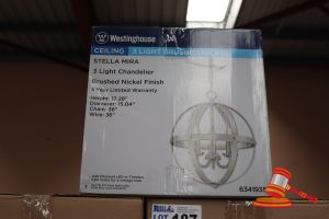 189 · WESTINGHOUSE STELLA MIRA CEILING 3 LIGHT CHANDELIER, BRUSHED NICKLE FINISH, HEIGHT: 17,28", DIAMETER: 15.04", CHAIN: 36", WIRE: 36", CODE: 6341935