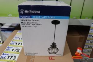 177 · WESTINGHOUSE MINI PENDANT LIGHT, MATTE BLACK FINISH WITH STEEL CAGE SHADE, ADJUSTABLE CORD LENGTH UP TO 50", HEIGHT: 61.12", DIAMETER: 7.80", CODE: 6103435