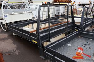 9 · ICR ENGINEERING BLACK UTE TRAY WITH FOLD OUT SIDES AND CAGE BACK, SOME RUST/MARKS, APPROX; 1.8M W X 2.4M L