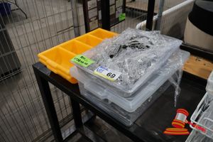 69 · 2 X YELLOW PLASTIC ORGANISER BIN, 4 COMPARTMENT, 2 X CLEAR PLASTIC TUB WITH METAL UTENSILS, (USED)