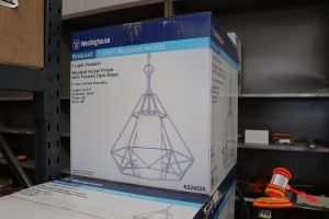 317 · WESTINGHOUSE LIGHT PENDANT, BRUSHED NICKEL FINISH WITH FROSTED OPAL GLASS, HEIGHT: 19.37", DIAMETER: 15.91", CHAIN: 36", WIRE: 36", CODE: 6324535