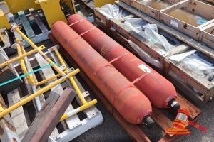 2 X Hydac Hydraulic Bladder Accumulators, Model Sb400-50a1/212f-400a, Mat-Nr 3262607, Capacity 50l, Ps 400 Bar (Weathered, Some Marks) (S44#7356535, Dr#1800, Brockman2)