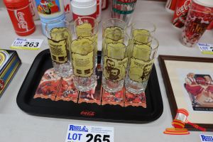 265 · BUNDLE OF VINTAGE COCA-COLA ITEMS INCLUDING: 1x TRAY AND 7x ASSORTED HUNGRY JACKS AUSTRALIAN EXPLORERS GLASSES