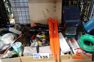 135 · 1 X BOX OF MISCELLANEOUS ITEMS, INCLUDES: VARIOUS INFINITY 3 X FLASHLIGHTS WITH RED ACCENTS, TROJAN BRAIDED LINE, ASSORTED HAND TOOLS, ORANGE PLASTIC TENT PEGS , WOOD WHITTLING KIT , VARIOUS OTHERS