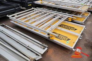 87 · 2 X ALUMINIUM FRAMED PLATFORMS, APPROX; 600MM W X 2.4M L X 60MM, 3 X METAL FRAME SIDES, APPROX; 1.3 M W X 2.9 M H, 1 X METAL FRAMED APPROX; 1.1 M H X 1.3 M W, SOME MARKS, ON A PALLET