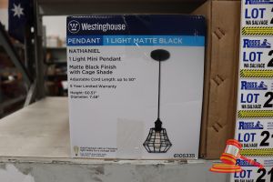 229 · WESTINGHOUSE MINI PENDANT LIGHT, MATTE BLACK FINISH WITH CAGE SHADE, ADJUSTABLE CORD UP TO 50:, HEIGHT: 60.51", DIAMETER: 7.48", CODE: 6105335