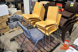 65 · APPROX 8 X STACKING CHAIRS, BENTWOOD VENEER SEAT AND BACK, CHROME LEGS, APPROX 450MM SEAT WIDTH, 1 X FABRIC AND PLASTIC BLUE CHAIR