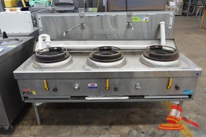 Goldstein 3 Ring Wok Burner, Model Cwa3, Natural Gas, Stainless Steel, Includes Shelf (Removed). Approx 1850 X 850 X 1200mm. Untested. 1 X Leg Bent