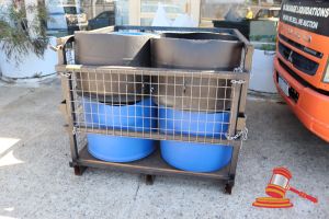 FORKABLE STILLAGE WITH REMOVABLE FRONTS WITH 8x HALF PLASTIC DRUMS, APPROX 1200 x 1230 x 1070mm