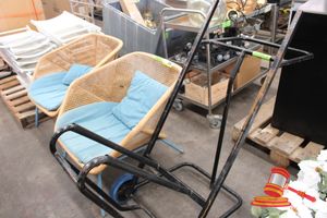 58 · 1 X CHAIR TROLLEY. BLACK. (SOME MARKS / RUST) AND 2 X RATTAN CHAIRS WITH BLUE CUSHIONS AND METAL LEGS. (SOME MARKS, DAMAGE, CORROSION ON LEGS) - USED