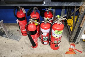 32 · 7 X FIRE EXTINGUISHER, VARIOUS TYPES, INCLUDES: CARBON DIOXIDE, POWDER TYPE, STORED PRESSURE . 2026 MAINTENANCE TAGS ATTACHED