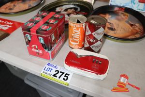 275 · BUNDLE OF ASSORTED COCA-COLA ITEMS INCLUDING: CANS, RADIO CASSETTE, MUSICAL TIN
