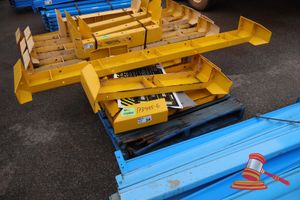 5 X Yellow Pallet Racking Support Beams, Of Various Sizes, Largest Is Approx; 2.4m L X 460mm W, Shortest Approx; 1.1m L X 450mm W, 5 X Pallet Loading Safety Signs, Some Marks/Rust, On A Pallet