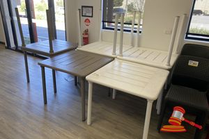 5 X Plastic Cafe Tables With Removable Metal Legs. 5 X White, 3 X Fawn/Brown. Approx 900 X 900 X H750mm. Some Marks/Stains/Scratches. 1 X Fawn/Brown Table Damaged