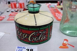 38 · 1 X COCA-COLA STAINED GLASS STYLE LAMPSHADE, ROUND, WITH GREEN GLASS FUNNEL TOP (SOME MARKS)