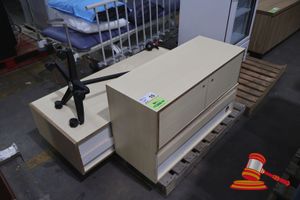 3 X Plywood Storage Cabinets,(2 X 2 Door Cabinets, L1000 X W400 X H300) Includes: Grey Plastic Storage Trays,(1 X 3 Door Cabinet, L1400 X W600 X H300) 1 X Led Examination Lamp, Black, On Wheels (Some Marks)
