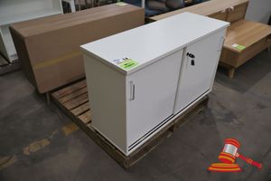 14 · 1 X WHITE OFFICE CABINET, SLIDING DOORS, WITH LOCK AND KEY, INTERNAL SHELF, L1200 X W450 X H735 (SOME MARKS)