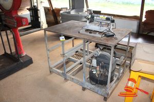 100 · PORTABLE HD STEEL WORK BENCH WITH COMPRESSOR (240v) AND BOTTLE RACKS. APPROX 1200 X 1200 X H900MM