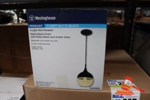 288 · WESTINGHOUSE MINI PENDANT LIGHT, MATTE BLACK FINISH WITH MATTE BLACK AND AMBER GLASS, ADJUSTABLE CORD LENGTH UP TO 50", HEIGHT: 65.55", DIAMETER: 7.87", CODE: 6345935