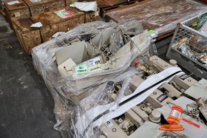 Assorted John Deere 4045 Engine Parts, Includes: Multiple Pulleys, Gears, Brackets, Beige Powder-Coated Housings With Gauges, Beige Tubular Frame Components, Various Engine Assemblies (Poss Unused), On A Pallet