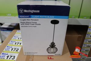 Westinghouse Mini Pendant Light, Matte Black Finish With Steel Cage Shade, Adjustable Cord Length Up To 50", Height: 61.12", Diameter: 7.80", Code: 6103435
