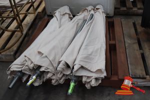 3 X OUTDOOR SHADE UMBRELLAS BEIGE COLOUR ,(3 X POLE EXTENSIONS) VARIOUS CONDITIONS, GENERAL WEAR AND TEAR