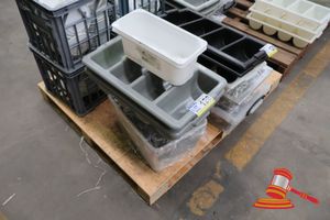 ASSORTED SILVER KNIFES, FORKS AND SPOONS IN PLASTIC AND METAL TUB, WITH 3 GREY CUTLERY HOLDERS, SOME MARKS