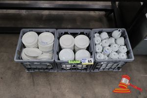 65 · 3 X MILK CRATE OF WHITE CROCKERY, INCLUDES: SAUCERS AND CUPS, COMMERCIAL GRADE, APPROX 200 X SAUCERS, 50 X CUPS