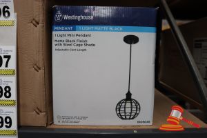 207 · WESTINGHOUSE MINI PENDANT LIGHT, MATTE BLACK FINISH WITH STEEL CAGE SHADE, ADJUSTABLE CORD LENGTH UP TO 50:, HEIGHT: 58", DIAMETER: 8", CODE: 6105035