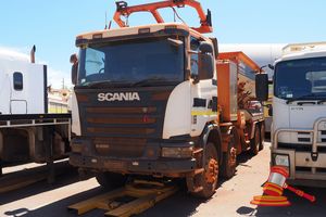 6 · 2014 SCANIA G400 Euro 5 Stemming Truck White, 8 x 4, Auto, Diesel Reg #: Unlicensed, ODO: 148,287 Kms Showing On Clock Eng #: DC1305L01, VIN: YS2G8X40009189116 Features: Air Conditioning, Power Steering,Twin Steer Transmission, Hose Reel, Step up To Side Of Vessel. (S44#RITM7379265), (Disp# 65684), (Asset # 04H3809), (*Key # 108 - WP#4434*) Condition: **Dash Panel Removed LH Side - Wiring Exposed, RHR Top Corner To Vessel Dented, Drivers Door Wont Close.** Panel: FAIR, Paint: FAIR, Glass: FAIR, 
