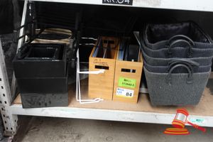 ASSORTED OFFICE STORAGE ITEMS, INCLUDES: GRAY WOVEN STORAGE BASKETS WITH HANDLES, WOODEN FILE ORGANIZER BOX, BLACK METAL FILE TRAYS, VARIOUS OTHERS, SOME MARKS
