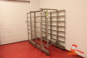 79 · 2 X ASSORTED STAINLESS STEEL 6 AND 7 TIER MOBILE HANGING/DRYING TROLLEYS. APPROX 1000 X 1000 X H1600MM