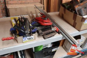 183 · BUNDLE OF ASSORTED ITEMS INCLUDING: CLAMPS, LEVEL ETC
