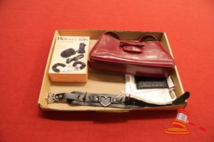 1 X Red Handbag. Unbranded, 1 X Credit Card Holder Marked Coach (Authenticity Unverified). 1 X Pleasure Kit, 1 X Spiked Collar. All Items Unused