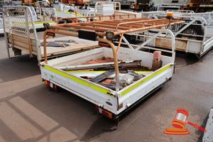 30 · METAL UTE TRAY, APPROX; 1.8M W X 1.8M L X 1.1M H, CONTAINS ROOF RACK, SIDESTEPS, AND EXTRA FOLD DOWN SIDES, SOME MARKS AND RUST