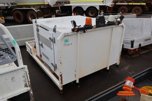 11 · 1 X UTE TRAY WITH TOOL STORAGE BOX, WHITE, CHECKER PLATE FLOOR, SIDE ACCESS DOORS, REAR TAILGATE, INCLUDES FIRE EXTINGUISHER, BEACON LIGHT, APPROX; 1.9M W X 2.7M L (SOME RUST / MARKS)
