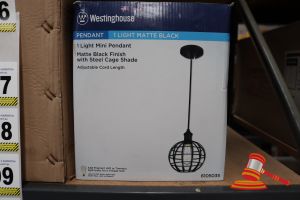 197 · WESTINGHOUSE MINI PENDANT LIGHT, MATTE BLACK FINISH WITH STEEL CAGE SHADE, ADJUSTABLE CORD LENGTH UP TO 50:, HEIGHT: 58", DIAMETER: 8", CODE: 6105035