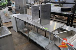2 X STAINLESS STEEL BENCH TOPS, SOME MARKS, ONE APPROX; 350MM W X 600MM D X 800MM H (DIFFERENT LEG HEIGHTS), ONE APPROX; 2.1M W X 580MM D X 920MM H