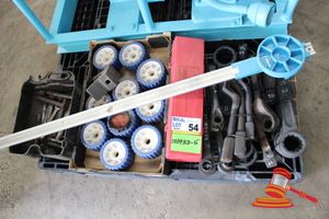 54 · Bundle including; Fan Belt Measuring Device, Damaged; Quantity of Heavy Duty Slogging Spanners, Various Sizes; Quantity of Wheels; Safety Triangle Set