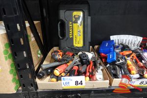 84 · TRAY OF ASSORTED TOOLS, INCLUDES: STANLEY 19 PCS DRILL BIT SET IN YELLOW CASE, BLACK & DECKER ORANGE HANDLED ELECTRIC SCREWDRIVER, WRENCHES, PLIERS, SCREWDRIVERS, HEX KEYS, VARIOUS OTHERS