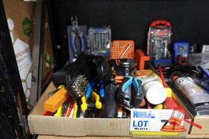 71 · TRAY OF ASSORTED HAND TOOLS AND ACCESSORIES, INCLUDING: DRILL BIT SET IN CLEAR CASE, ORANGE BIT HOLDER SET, KINCROME ADJUSTABLE WRENCH, STANLEY ADJUSTABLE WRENCH, SIKA FILLER-101 SURFACE FILLER, VARIOUS WRENCHES, PLIERS, CUTTING TOOLS, TAPE MEASURES, SCREWDRIVER BITS IN CASES, UTILITY KNIVES (SOME MARKS)