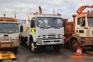 1 · 2014 Isuzu FTS 800 EWP Truck, 4 x 4, Auto, Diesel Reg #: Unlicensed, ODO: 28,847 Kms Showing on Clock Eng #: 6HK1649129, VIN: JALFTS34LE7000023 Features: Air Conditioning, Power Steering, Sitec 235 Series 3, GVM 13,900 Kg, Sherrin Equipment EWP Insulated Bucket Serial # 184065/11/13 Design Approval# Q26617, Last Plant Inspection 2020 - Unknown Condition. (Asset # LT9008), (*Key # 67, WP# 4884*) Condition: **Batteries Flat - Jump Start Required.** Panel: FAIR, Paint: FAIR, Glass: FAIR, Tyres: FAI