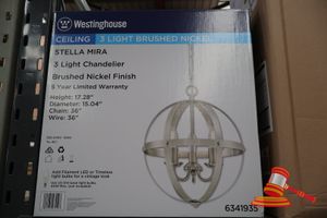 Westinghouse 3 Light Chandelier, Brushed Nickel Finish, Height: 17.28", Diameter: 15.04", Chain: 36", Wire: 36", Code: 6341942